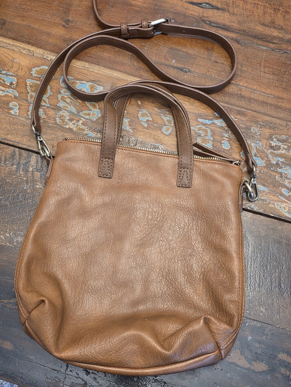 Antik Kraft Convertible Crossbody Tote Bag Cognac Vegan Leather Adjustable Strap